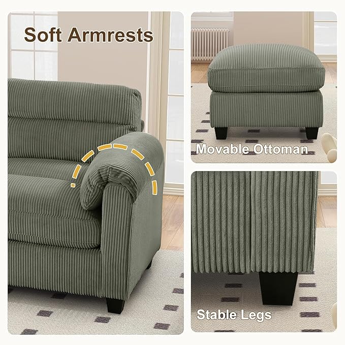 HAOMARKETS Corduroy 2-Piece Sofa Set, Upholstered Ottoman and Accent Chair Sofa