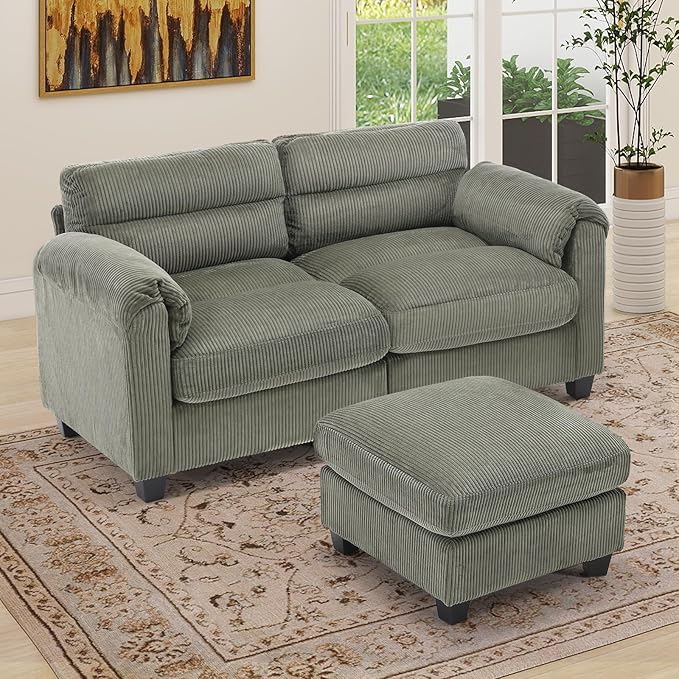HAOMARKETS Corduroy 2-Piece Sofa Set, Upholstered Ottoman and Loveseat 2-Seater