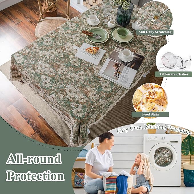 VClife Aesthetic Green and Beige Floral Table Cloth, Linen Texture Table Cloth