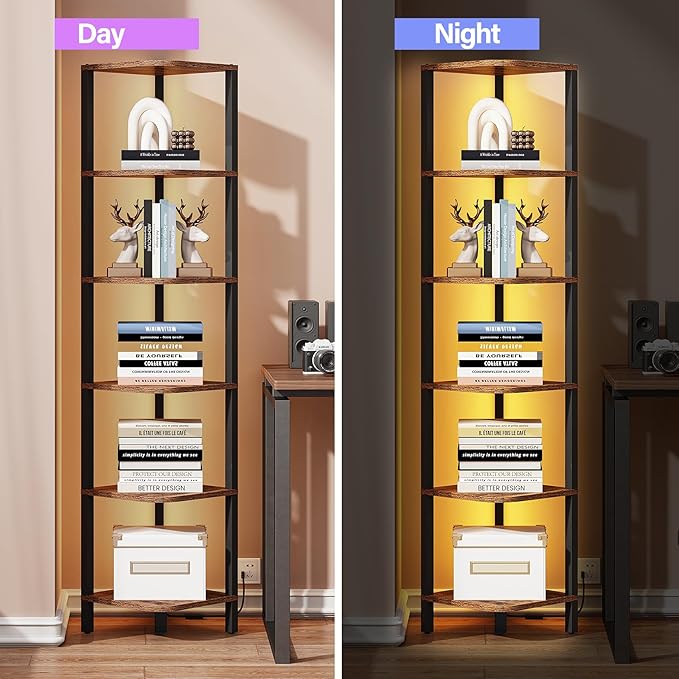 TUTOTAK Corner Shelf with LED Light, 6-Tier Corner Bookshelf