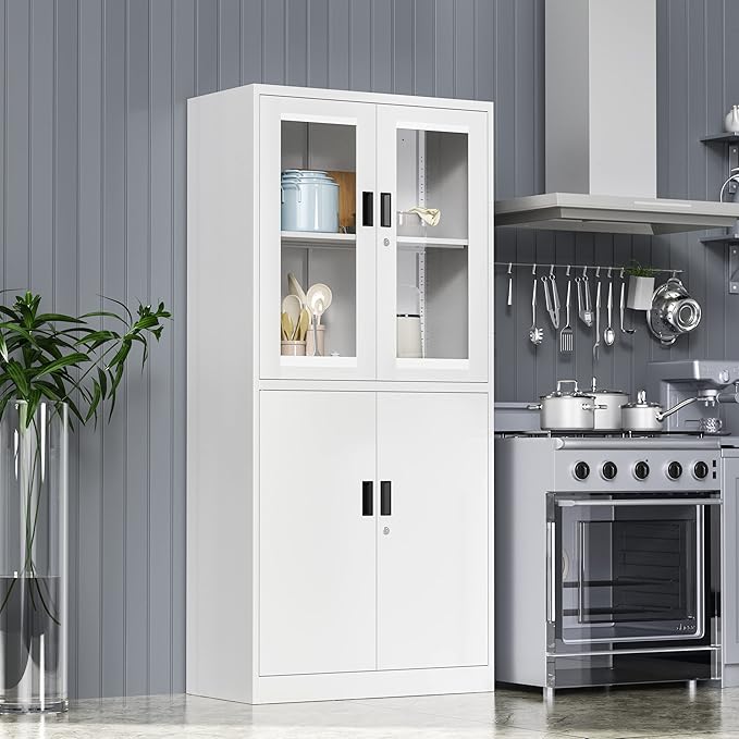 4 Door Display Cabinet with Adjustable Shelves, Locking Steel Storage Caninet