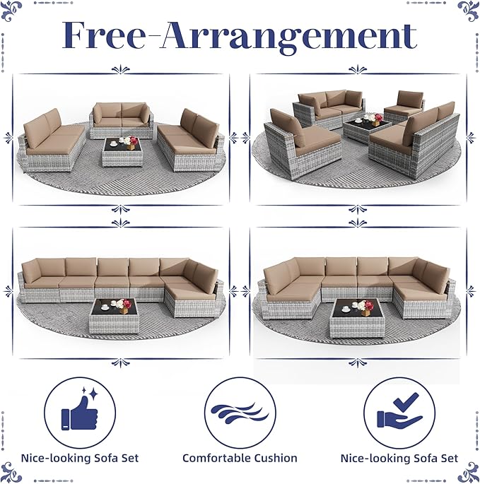 KIGOTY 7-Piece Patio Furniture Set, All-Weather PE Rattan Outdoor Sectional Sofa