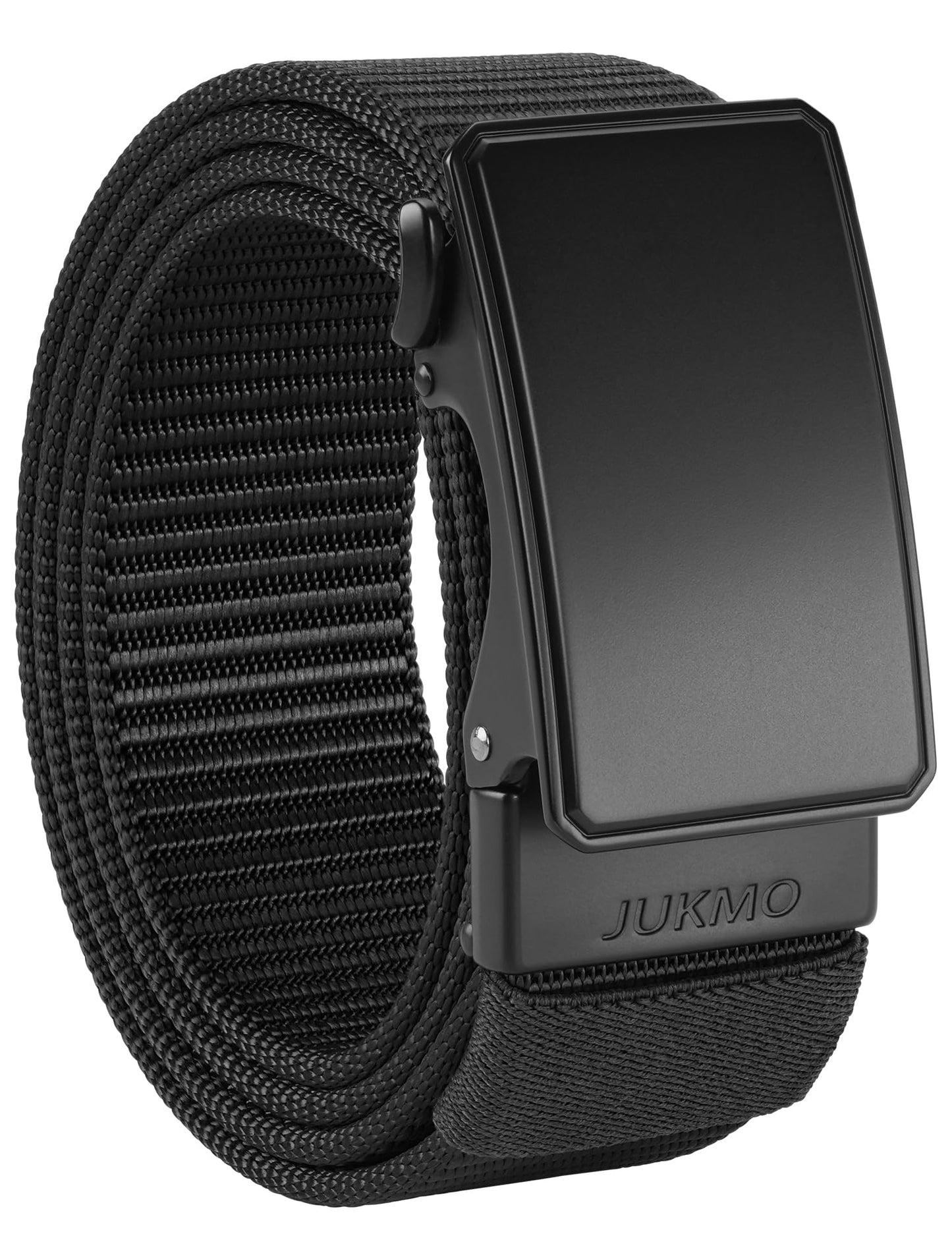 JUKMO Men's 1.5" Nylon Ratchet Belt, Casual Web Click Tactical Belt with Slide Buckle for Jeans, No Holes Adjustable Trim to Fit(Black,Large)