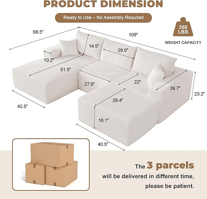 Weture 108” Modular Sectional Couches, Modern Modular U-Shape Sofa