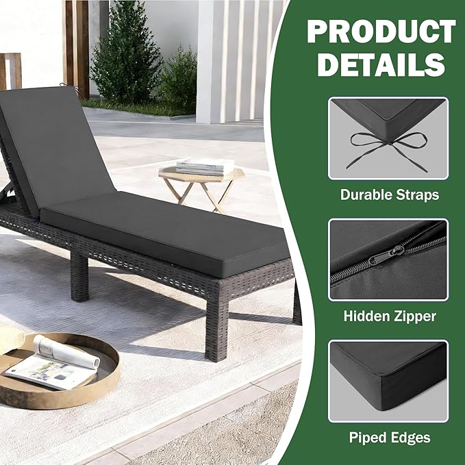 2 Pcs Chaise Lounge Cushions Outdoor Set of 2, Outdoor Chaise Cushion