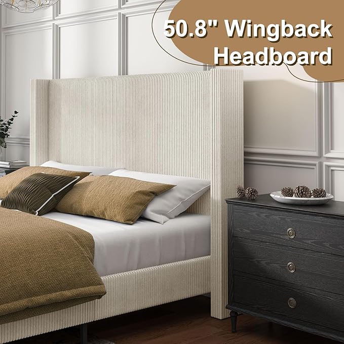 HOWE King Size Bed Frame with 50.8" Tall Wingback Headboard, Modern Corduroy