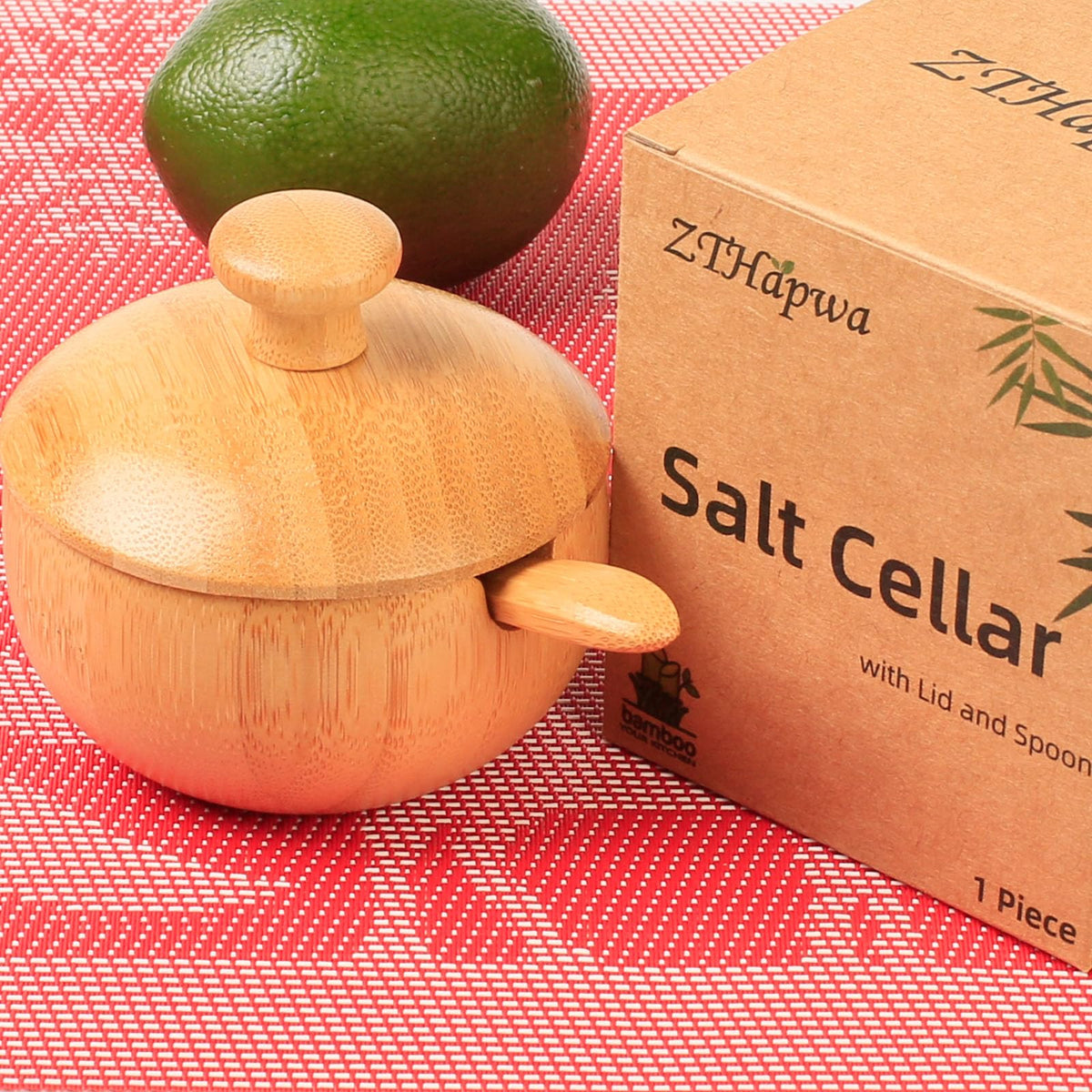 ZTHapwa Bamboo Salt Bowl with Lid and Spoon, Small Wooden Spice Cellar for Storing Salt/Pepper/Herbs, Mini Rustic Seasoning Container Holder for Kitchen Countertop, 1/4 Cup Capacity