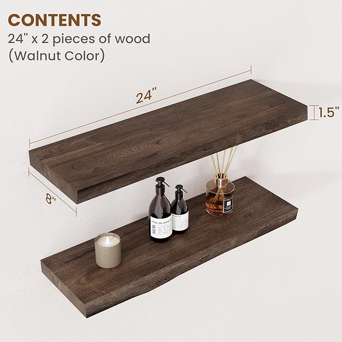 Floating Shelves for Wall Decor, Rustic Solid Elm Wood Live Edge Floating