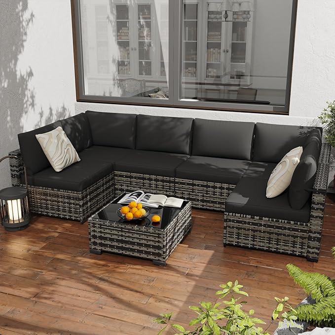 KIGOTY 7-Piece Patio Furniture Set, All-Weather PE Rattan Outdoor Sectional Sofa