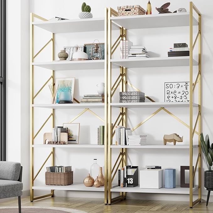 Shintenchi 2 Pieces 5 Tiers Bookshelf, Classically Tall Bookcase Shelf