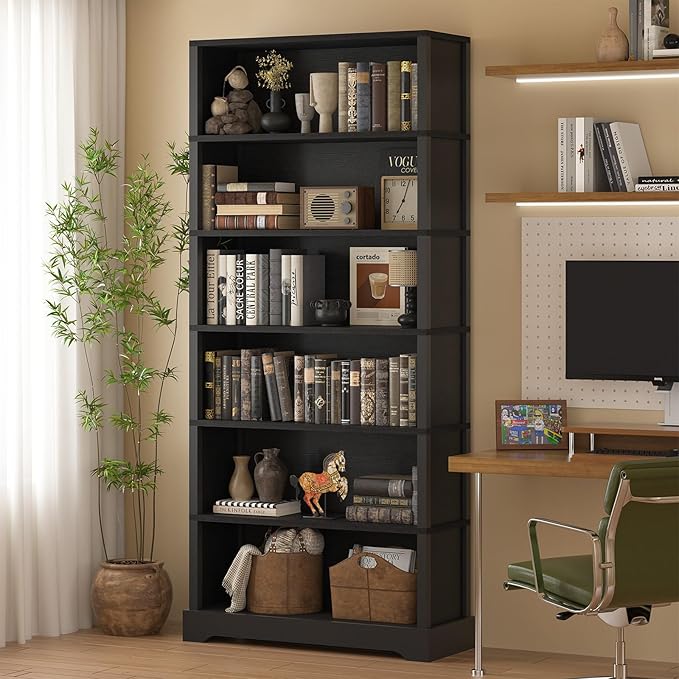 TVU 6-Tier Wooden Bookshelf, 77.2" Tall Farmhouse Style Open Bookcase, 31.5" W