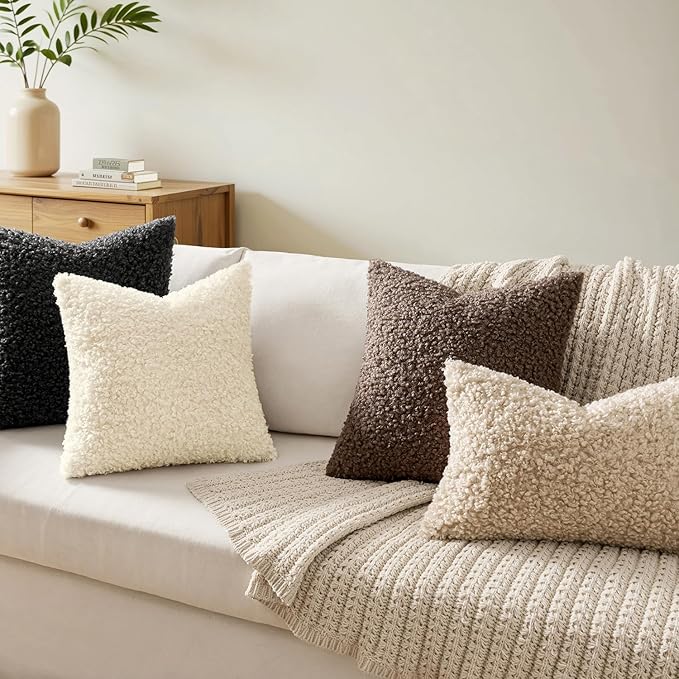 Faux Fur Throw Pillow Covers 20x20 Inch Set of 2 Boucle Neutral Decorative