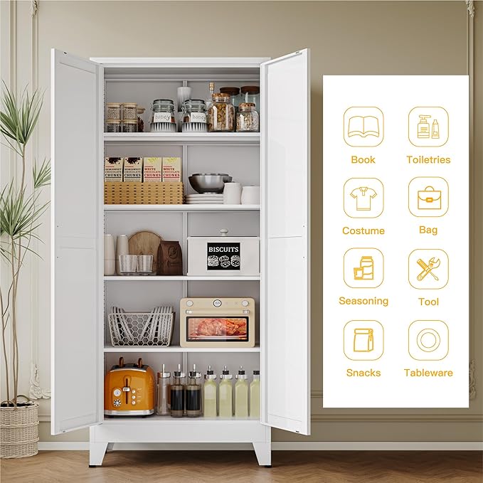 YAUWOH 71''Metal Cabinet with 4 Adjustable Shelves, 5-Tier Pantry Storage