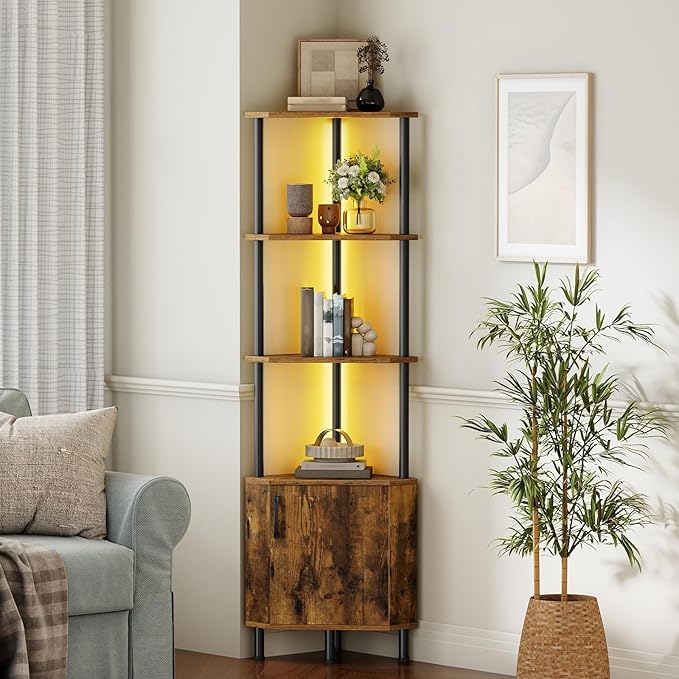 HOOBRO Corner Cabinet with LED Light, Corner Shelf Stand with Storage and Doors