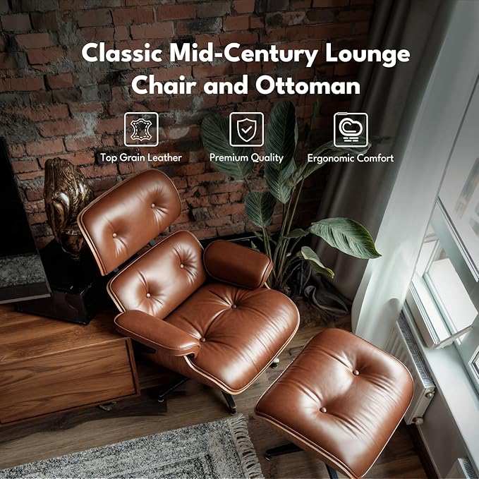 Top Grain Leather, Mid Century Chaise Lounge Chair and Ottoman, Reading Chair