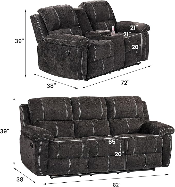 Betsy Furniture Modern Fabric Recliner Sofa Set, Loveseat w/Console, Recliner