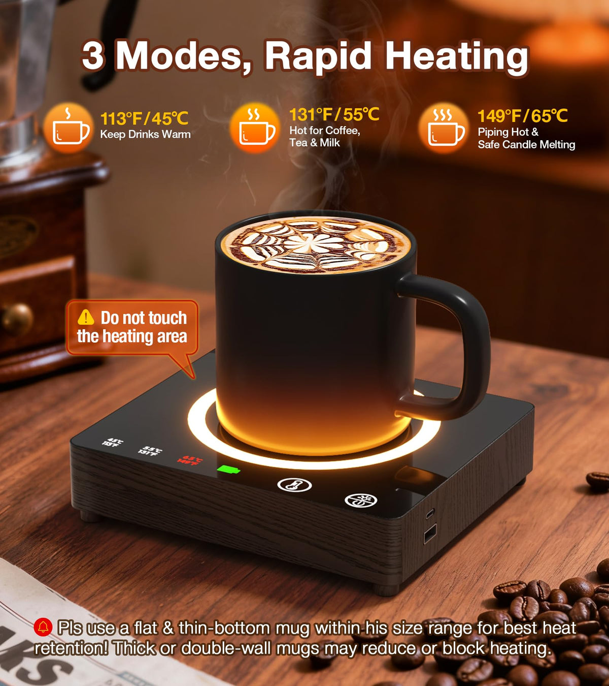 Mug Warmer, Cordless 180 Min Battery Life, 10000mAh Portable Charger, Wireless Coffee Cup Warmer for Desk, 3 Temp Settings, Smart Candle Heat Plate for Home, Office, Travel, Camping & Gifts for Men