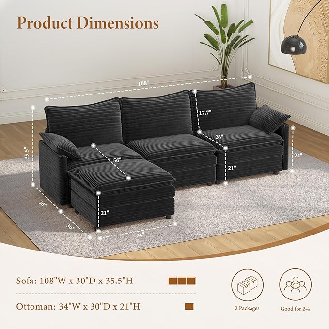 Vesgantti 108" Cloud Couch for Living Room, Deep Seat Sectional Modular Sofa