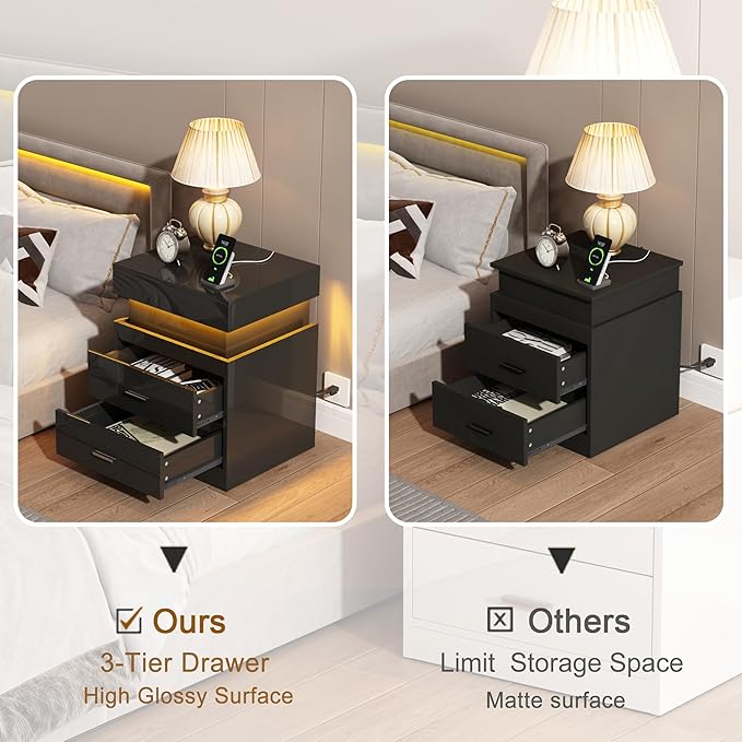 ChooChoo LED Nightstand with Charging Station, Smart Night Stand with Sliding