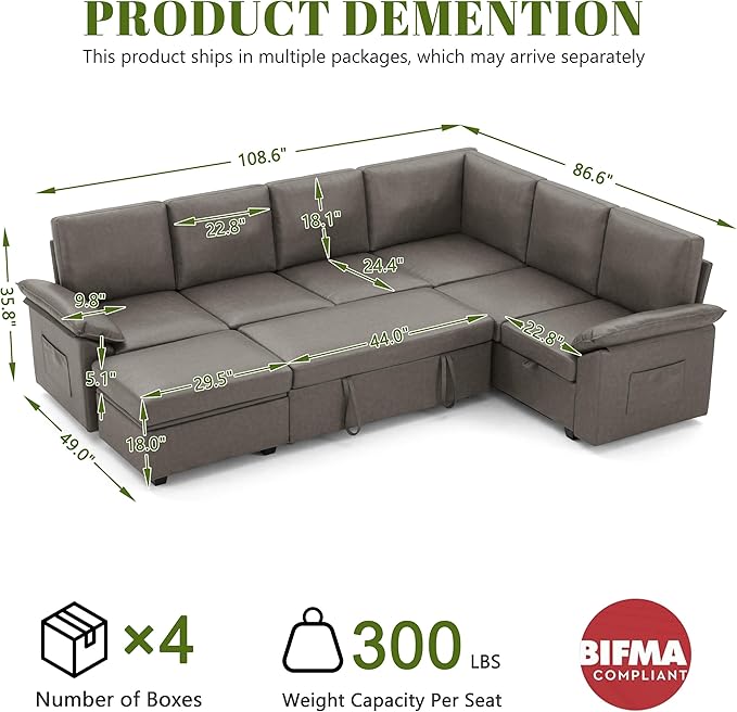 108 Inch Faux Leather Modular Sectional Sofa