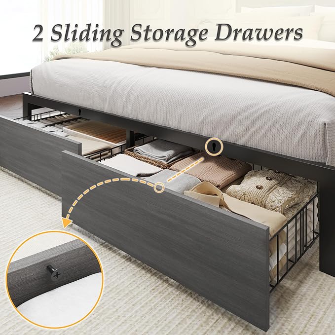 Lifezone Full Bed Frame with 2-Tier Storage Headboard, Metal Bed Frame with