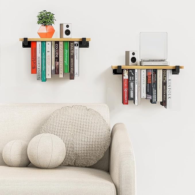 NANATI 2 Set of Floating Bookshelf, Pine Wood Invisible Bookshelf, Hanging