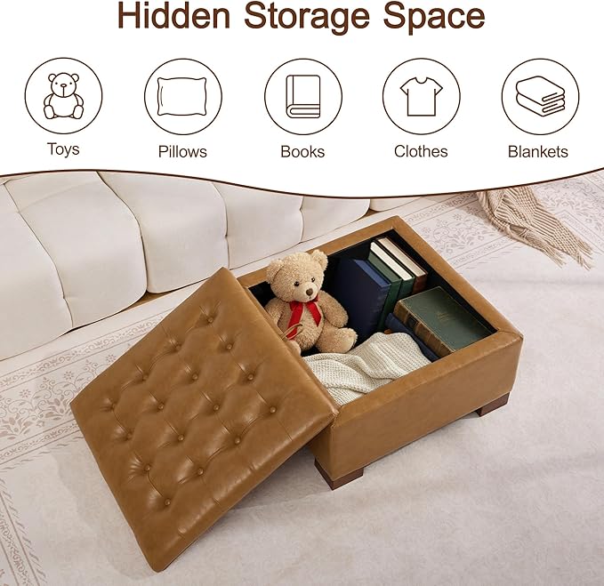 WUTUTUEE 30" Faux Leather Square Storage Ottoman
