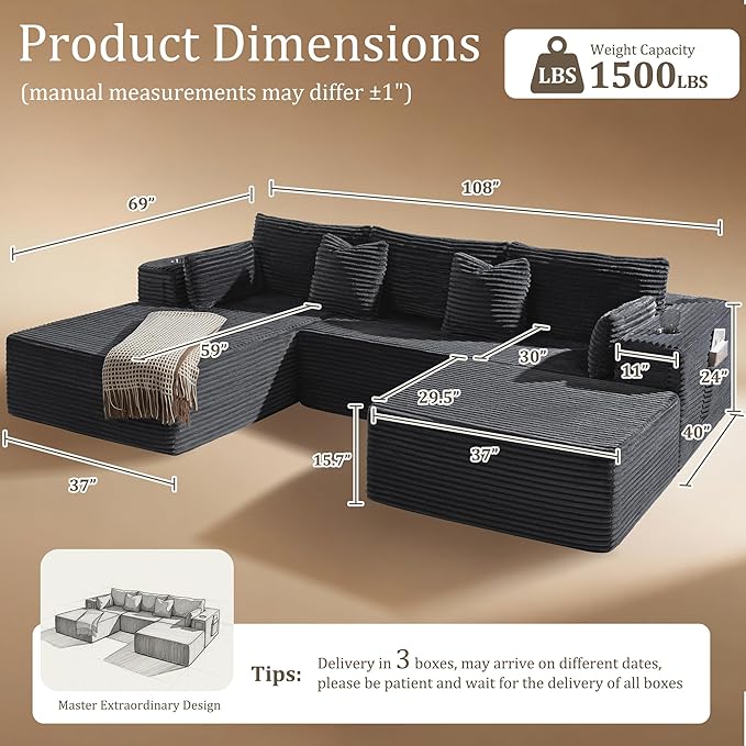 108" Oversized Cloud Sectional Couch, Comfort U Shaped Boneless Couch