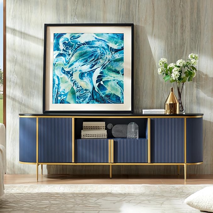 OKD 70" Fluted TV Stand with Storage, Faux Marble Top Entertainment Center