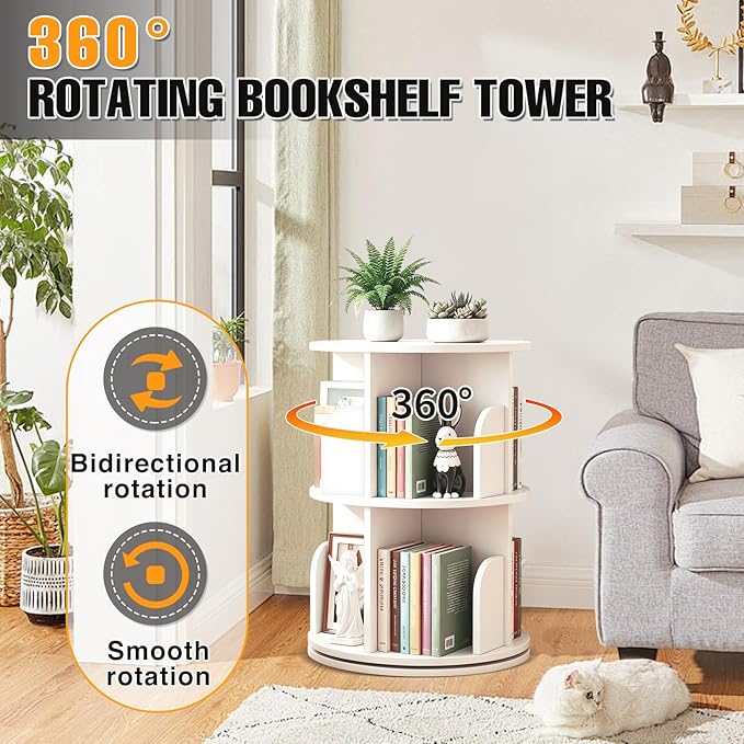 RUNSUNSPRI 2 Tier Rotating Bookshelf Tower Spinning Bookshelf Revolving