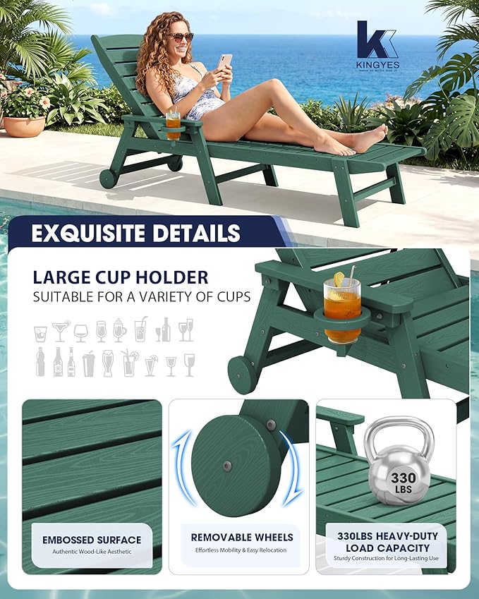 KINGYES HDPE Lounge Chair Outdoor Set of 2, Patio Chaise Lounge Recliner