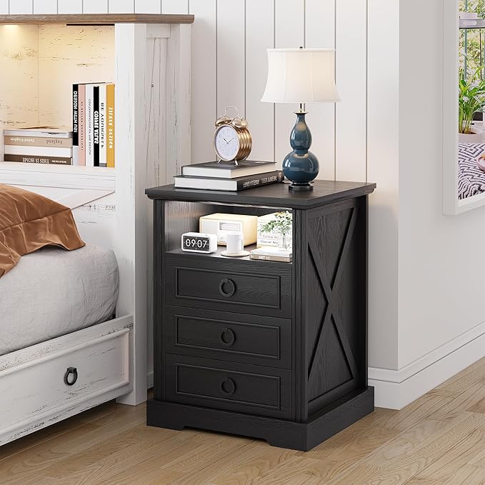 Nightstand Set 2 with Charging Station, Farmhouse End Side Table with 3 Drawers