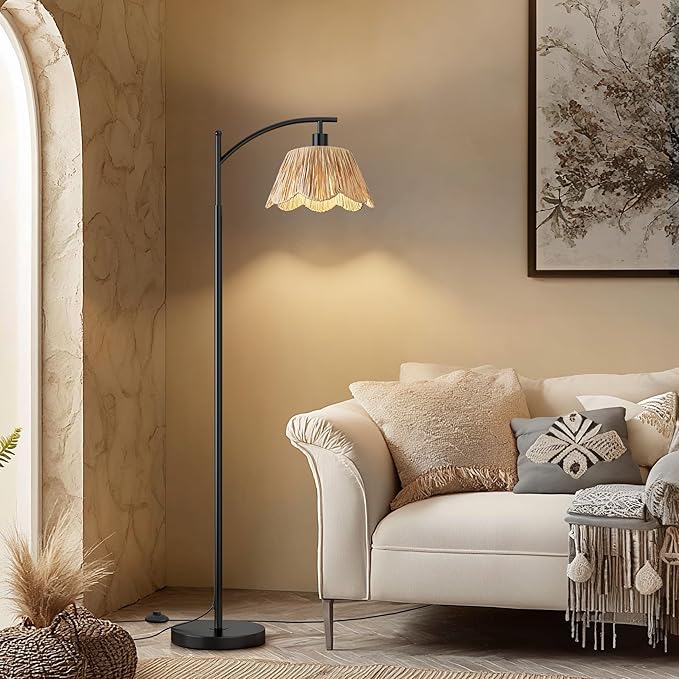 Oneach Arc Floor Lamp for Living Room, Rattan Boho Floor Lamp