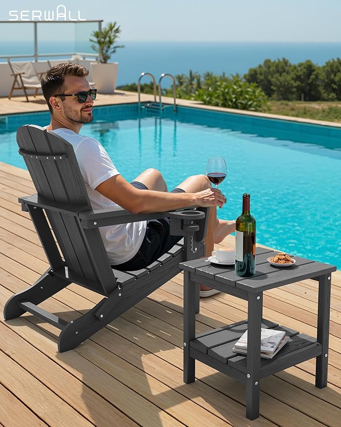 SERWALL 2-Tier HDPE Outdoor Side Table, Weatherproof Rectangular Adirondack