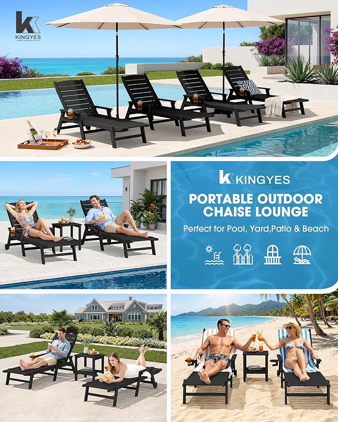 KINGYES HDPE Lounge Chair Outdoor Set of 4, Patio Chaise Lounge Recliner