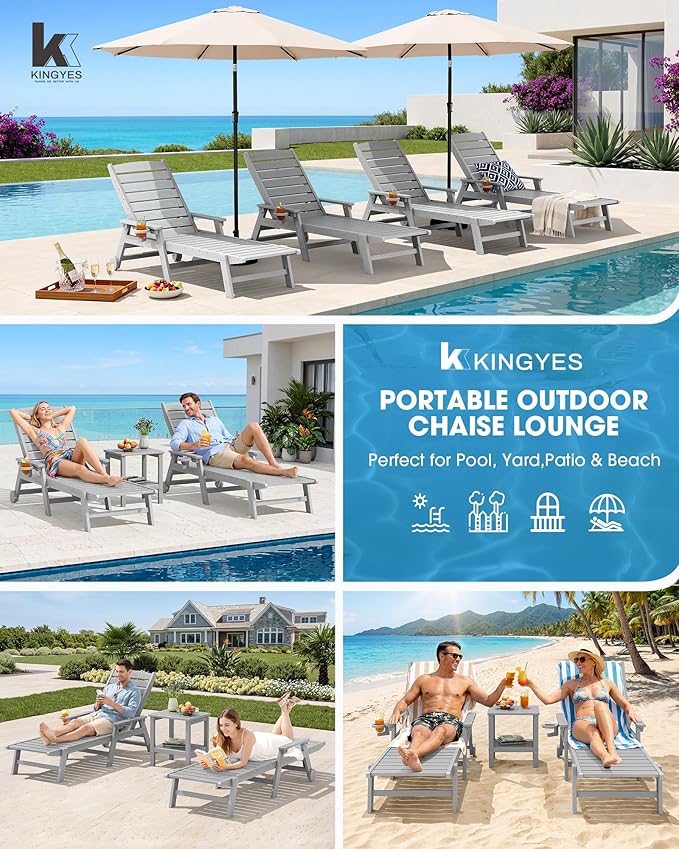 KINGYES HDPE Lounge Chair Outdoor Set of 4, Patio Chaise Lounge Recliner