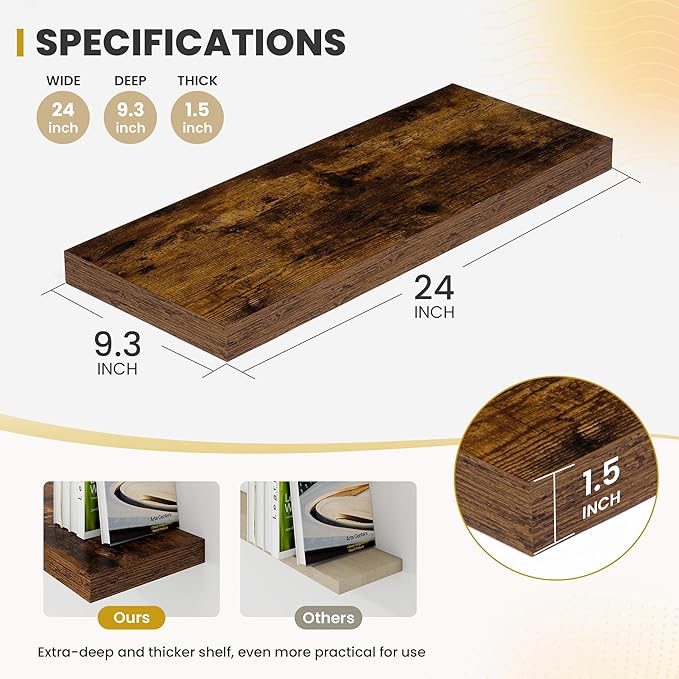 Acovy 24 Inch Floating Shelves, 9.3" Deep Floating Shelf Wall Mounted, Rustic