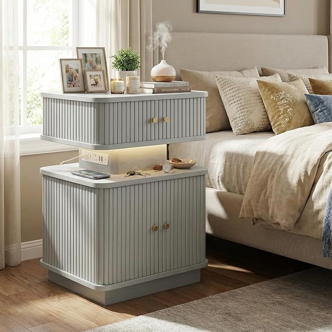 Nightstands Set of 2 with Charging Station, Modern Night Stands Set 2 with