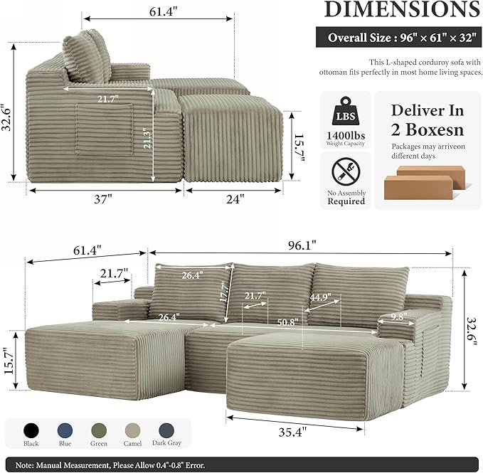 96" Sectional Couches for Living Room Cloud Couch Sofa