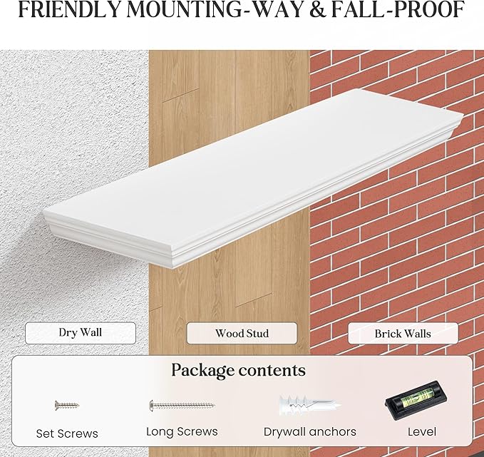 Fun Memories Floating Shelves 55 Inch Long, 9.3 Inch Deep Classic Crown Molding