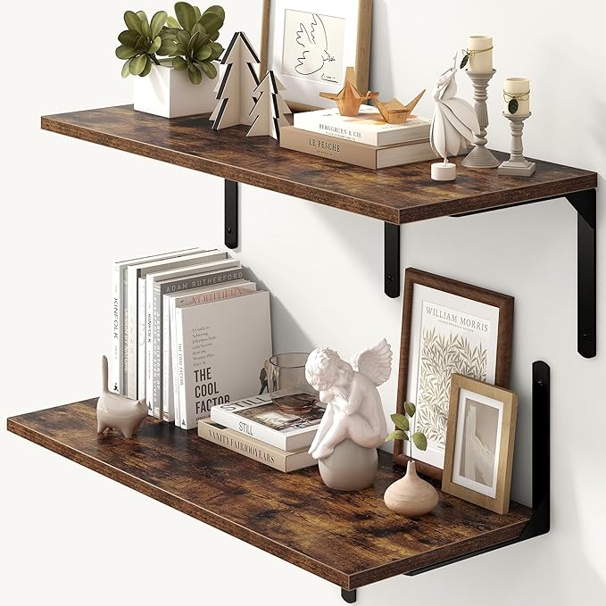 Fun Memories Rustic Brown 12 Inch Deep Floating Shelves Set of 2, Wall Mounted