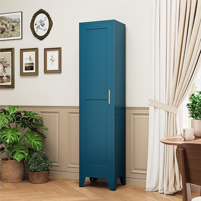 YAUWOH White Narrow Metal Storage Cabinet, Tall Freestanding Cabinet