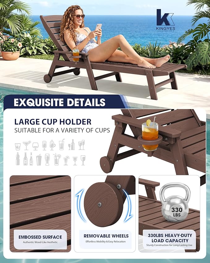 KINGYES HDPE Lounge Chair Outdoor, Patio Chaise Lounge Recliner