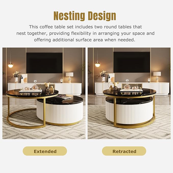 27.6" Modern Round Nesting Coffee Table Fluted