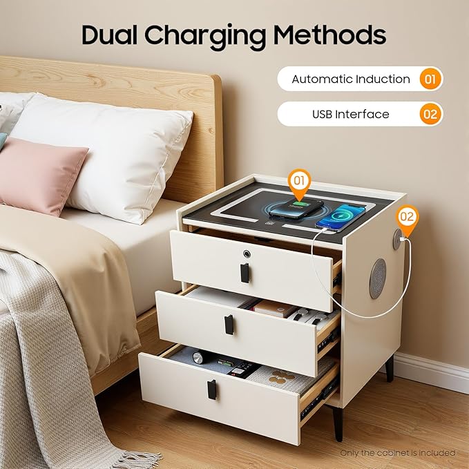 Smart Nightstand with Charging Station, Adjustable LED, USB Ports, Fingerprint