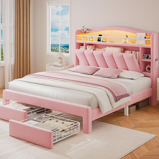 Queen LED Bed Frame with Storage Headboard & 2 Storage Drawers, Princess Velvet