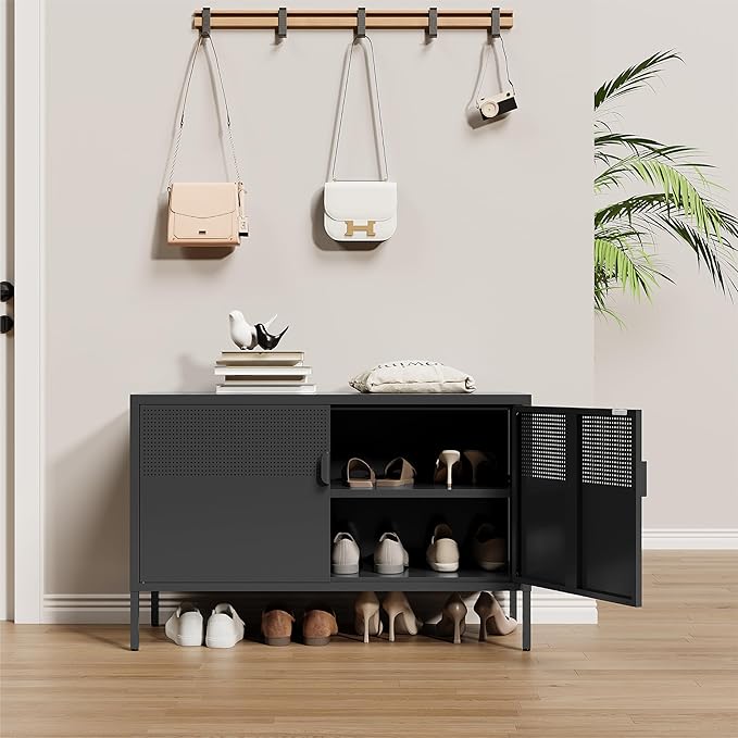Metal Storage Cabinet, 2 Door TV Stand, Metal Mesh Accent Cabinet, Magnetic