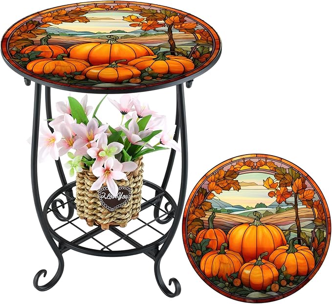 Cinnvoice Outdoor Side Table Round Small Mosaic Patio Accent Indoor End Plant