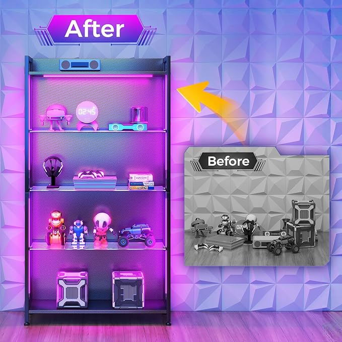 AODK Display Case with LED Lights, Display Cabinet with Glass Storage Shelves