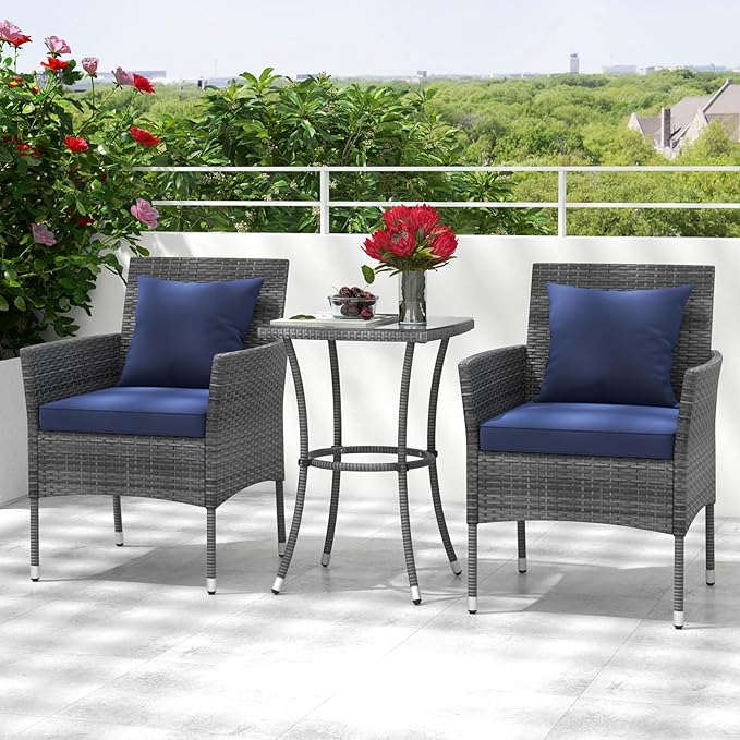 Tangkula 3-Piece Patio Furniture Set, PE Wicker Conversation Bistro Set w/A